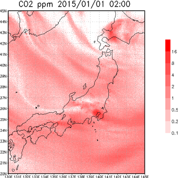 化石燃料の燃焼によって都市と発電所から排出されたCO<sub>2</sub>のシミュレーション例の図