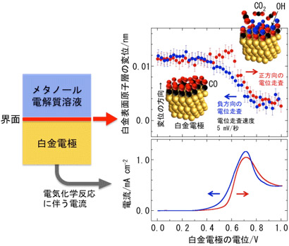 メタノール電気分解での白金電極の表面原子の位置変化（右上）と電極から流れる電流の変化（右下）の図