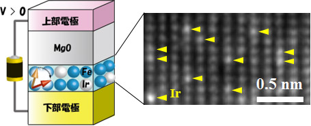今回用いた素子構造の模式図(左)、FeIr超薄膜磁石の電子顕微鏡像(右)