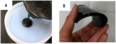 今回開発した電磁波遮蔽コーキング材（A：硬化前、B：硬化後）の写真