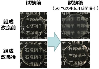 組成改良前の低融点ガラスと今回開発した組成改良ガラスの耐水性の比較写真