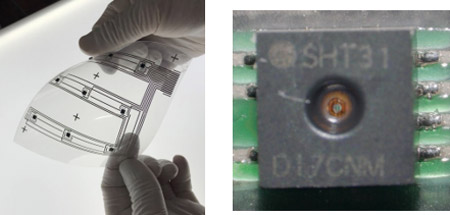 今回開発した技術でPET基板上にはんだ実装したフレキシブル温度・湿度センサーアレイ（左）、実装部の拡大図（右）