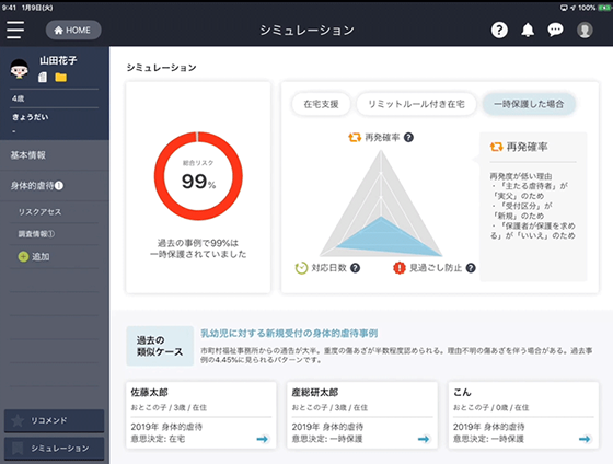 虐待の総合リスクや類似事例を表示する「AiCAN」の画面イメージ