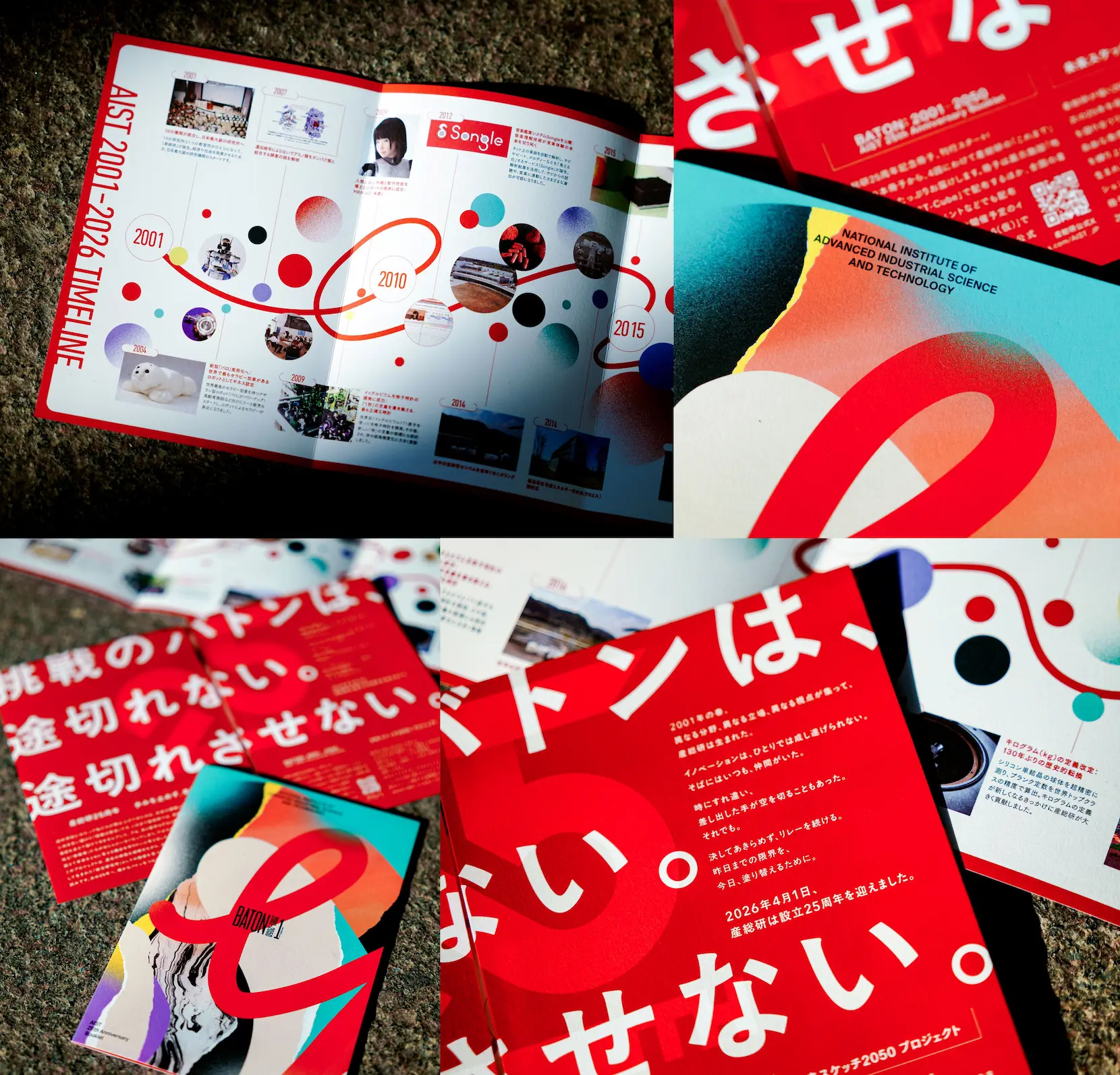 観音開きをめいいっぱい広げると現れる、「AIST 2001-2026 TIMELINE」の前半が写っている。キャッチコピーが書かれた赤い見開きと、表紙上部のターコイズブルーの部分に寄って撮影され、コントラストが強調された写真。