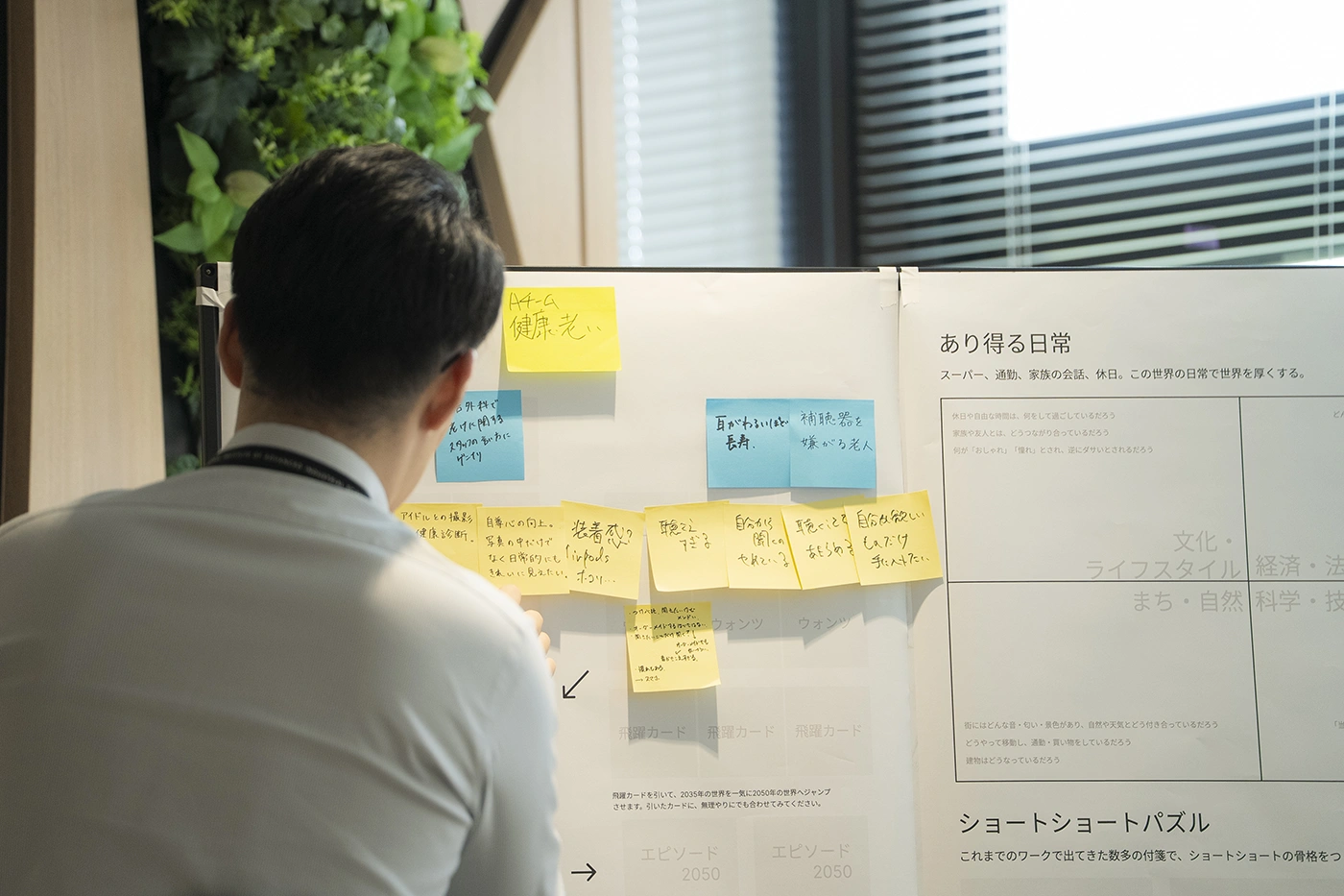 ボードに貼られた付箋を見つめている参加者の後ろ姿